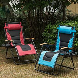 VOYSIGN Oversized Reclining Patio Chair, XL Padded Adjustable Zero Gravity Lounge Chair w/Pillows and Cup Holder Trays, Support 350 lbs - Sky Blue