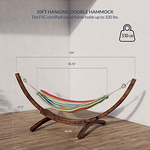 BELLEZE Double Cotton Hammock Bed with 10 ft Wooden Arc Outdoor Patio Hammock Stand, Tropical