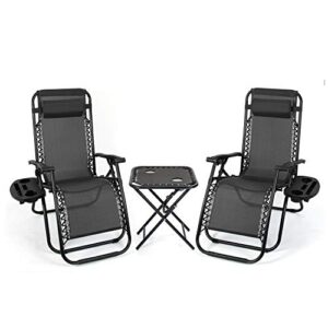 flamaker zero gravity chairs outdoor folding recliners adjustable lawn patio lounge chair with side table and cup holders for poolside, yard and camping (black)