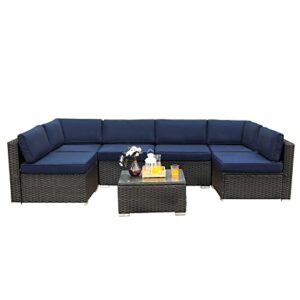 phi villa patio furniture set 7 pieces outdoor sectional rattan sofa set manual wicker patio conversation set with 6 navy blue cushions and 1 tempered glass table