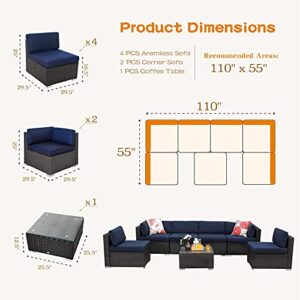 PHI VILLA Patio Furniture Set 7 Pieces Outdoor Sectional Rattan Sofa Set Manual Wicker Patio Conversation Set with 6 Navy Blue Cushions and 1 Tempered Glass Table