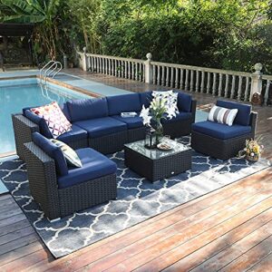 PHI VILLA Patio Furniture Set 7 Pieces Outdoor Sectional Rattan Sofa Set Manual Wicker Patio Conversation Set with 6 Navy Blue Cushions and 1 Tempered Glass Table