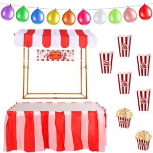 Jutom 45 Pcs Carnival Tabletop Decorating Kit Carnival Circus Concession Stand Decor Red White Striped Table Skirt Welcome to The Carnival Banner Popcorn Boxes Balloon for Carnival Party Decor