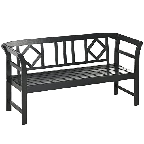 Outsunny Three-Person Wooden Bench, Three-Seater Outdoor Patio Bench, Backrest and Armrests, Rustic Country Diamond Pattern, Slatted Seat for Backyard, Porch Garden, Black