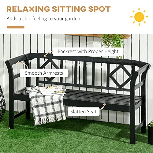 Outsunny Three-Person Wooden Bench, Three-Seater Outdoor Patio Bench, Backrest and Armrests, Rustic Country Diamond Pattern, Slatted Seat for Backyard, Porch Garden, Black