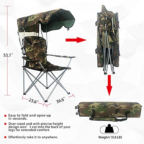 BDL Camp Chairs with Shade Canopy Chair Folding Camping Recliner Support 380 LBS， with A Cup Holders and Carry Bag, for Outdoor Beach Camp Park Patio