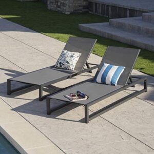 Christopher Knight Home Modesta Outdoor Aluminum Framed Chaise Lounges with Mesh Body, 2-Pcs Set, Black Finish / Grey Mesh