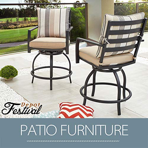Festival Depot 2pcs Bar Bistro Outdoor Patio Furniture 360° Swivel Chairs Armrest Height Stools with Soft & Comfort Cushion Metal Steel Frame Legs for Lawn Garden Deck Poolside All-Weather (Original)