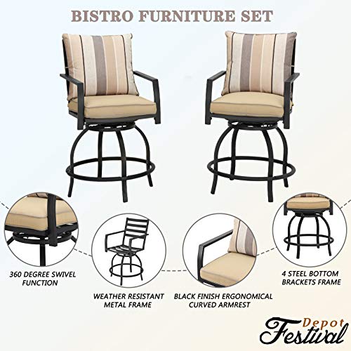 Festival Depot 2pcs Bar Bistro Outdoor Patio Furniture 360° Swivel Chairs Armrest Height Stools with Soft & Comfort Cushion Metal Steel Frame Legs for Lawn Garden Deck Poolside All-Weather (Original)