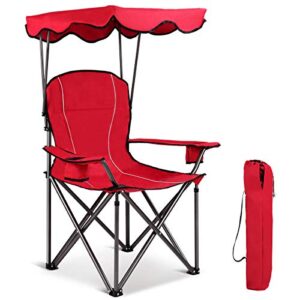 gymax canopy chair, portable folding beach pool chair lawn chair with canopy two cup holders and carry bag, for outdoor beach camp park patio (red)
