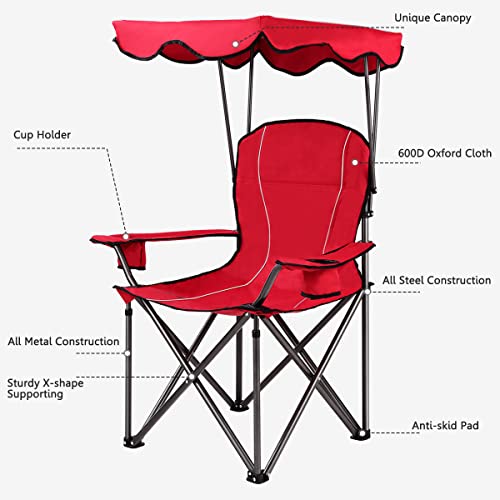 GYMAX Canopy Chair, Portable Folding Beach Pool Chair Lawn Chair with Canopy Two Cup Holders and Carry Bag, for Outdoor Beach Camp Park Patio (Red)