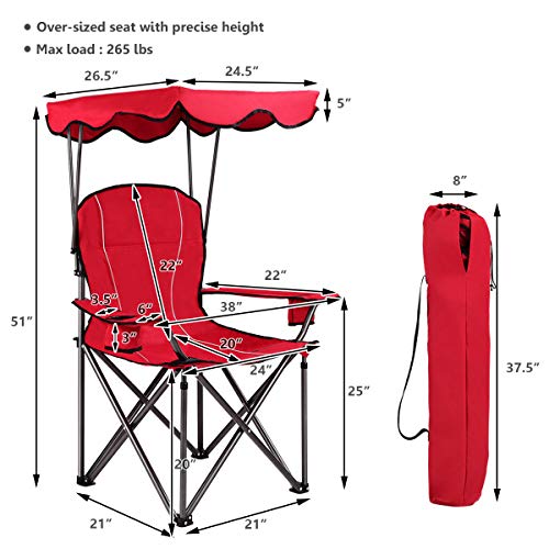 GYMAX Canopy Chair, Portable Folding Beach Pool Chair Lawn Chair with Canopy Two Cup Holders and Carry Bag, for Outdoor Beach Camp Park Patio (Red)