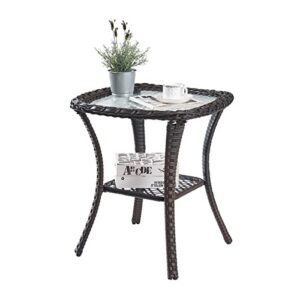 hummuh patio wicker side table outdoor, rattan end table glass top coffee table with storage brown