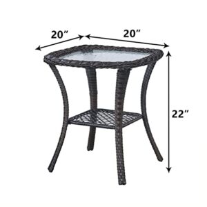 HUMMUH Patio Wicker Side Table Outdoor, Rattan End Table Glass Top Coffee Table with Storage Brown