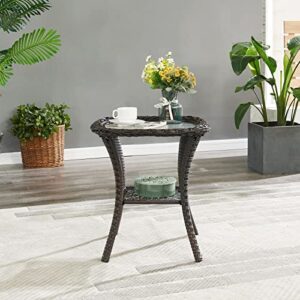 HUMMUH Patio Wicker Side Table Outdoor, Rattan End Table Glass Top Coffee Table with Storage Brown