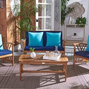 SAFAVIEH Outdoor Collection Fontana Natural/ Navy Cushions/ Blue Pillows 4-Piece Conversation Patio Set