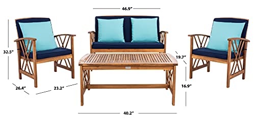 SAFAVIEH Outdoor Collection Fontana Natural/ Navy Cushions/ Blue Pillows 4-Piece Conversation Patio Set