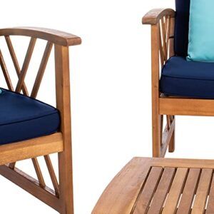 SAFAVIEH Outdoor Collection Fontana Natural/ Navy Cushions/ Blue Pillows 4-Piece Conversation Patio Set