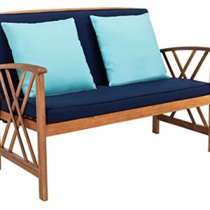 SAFAVIEH Outdoor Collection Fontana Natural/ Navy Cushions/ Blue Pillows 4-Piece Conversation Patio Set