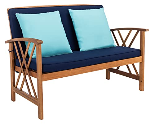 SAFAVIEH Outdoor Collection Fontana Natural/ Navy Cushions/ Blue Pillows 4-Piece Conversation Patio Set