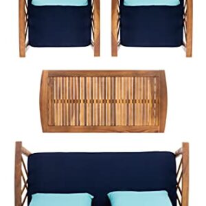 SAFAVIEH Outdoor Collection Fontana Natural/ Navy Cushions/ Blue Pillows 4-Piece Conversation Patio Set