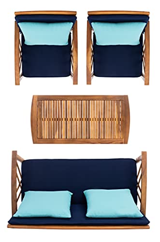 SAFAVIEH Outdoor Collection Fontana Natural/ Navy Cushions/ Blue Pillows 4-Piece Conversation Patio Set