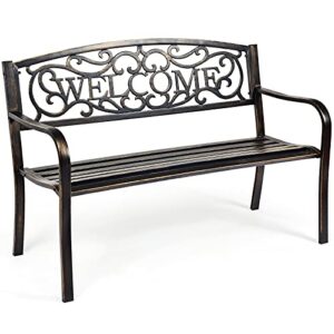 tangkula outdoor steel garden bench park bench, 50 inch patio welcome bench with slated seat & floral design backrest, outdoor bench with iron casted pattern, suitable for patio backyard garden park