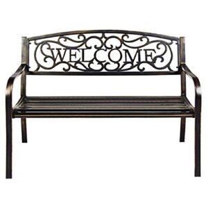 Tangkula Outdoor Steel Garden Bench Park Bench, 50 Inch Patio Welcome Bench with Slated Seat & Floral Design Backrest, Outdoor Bench with Iron Casted Pattern, Suitable for Patio Backyard Garden Park