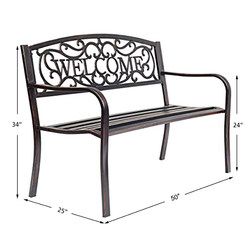 Tangkula Outdoor Steel Garden Bench Park Bench, 50 Inch Patio Welcome Bench with Slated Seat & Floral Design Backrest, Outdoor Bench with Iron Casted Pattern, Suitable for Patio Backyard Garden Park