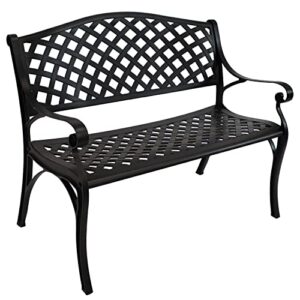 sunnydaze outdoor patio bench with black checkered design – durable cast aluminum metal garden bench – 2-person patio decor seating – front porch furniture – entryway bench