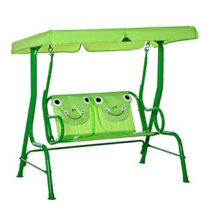 outsunny porch swing for kids with adjustable canopy to block sun at angles, kids swing chair with seatbelts, frog gift for kids, tree bark brown, for ages 3-6, green