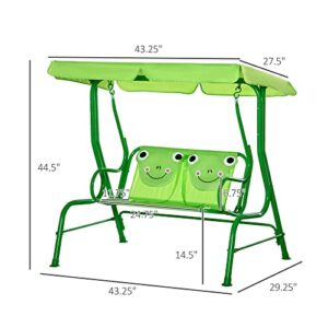 Outsunny Porch Swing for Kids with Adjustable Canopy to Block Sun at Angles, Kids Swing Chair with Seatbelts, Frog Gift for Kids, Tree Bark Brown, for Ages 3-6, Green