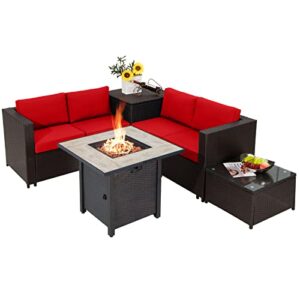 tangkula 5-piece patio furniture set with 30 inches gas fire pit table, outdoor wicker conversation sectional sofa set with storage box and coffee table, 50,000 btu propane fire pit table (red)