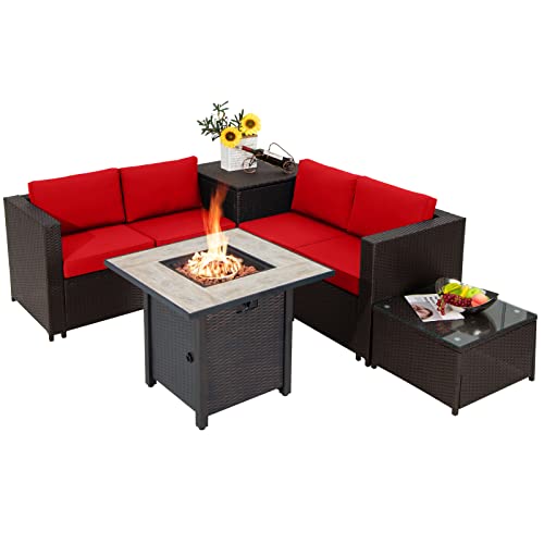 Tangkula 5-Piece Patio Furniture Set with 30 Inches Gas Fire Pit Table, Outdoor Wicker Conversation Sectional Sofa Set with Storage Box and Coffee Table, 50,000 BTU Propane Fire Pit Table (Red)