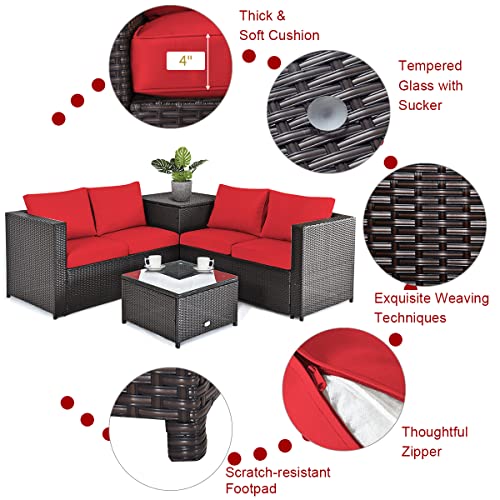 Tangkula 5-Piece Patio Furniture Set with 30 Inches Gas Fire Pit Table, Outdoor Wicker Conversation Sectional Sofa Set with Storage Box and Coffee Table, 50,000 BTU Propane Fire Pit Table (Red)
