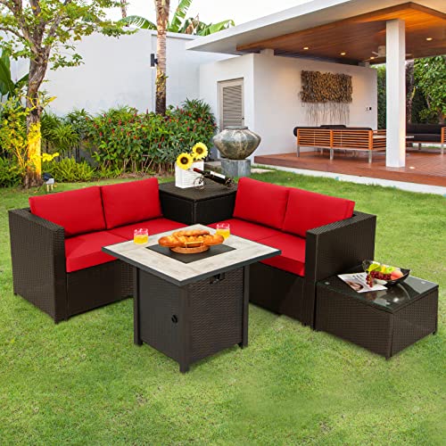 Tangkula 5-Piece Patio Furniture Set with 30 Inches Gas Fire Pit Table, Outdoor Wicker Conversation Sectional Sofa Set with Storage Box and Coffee Table, 50,000 BTU Propane Fire Pit Table (Red)