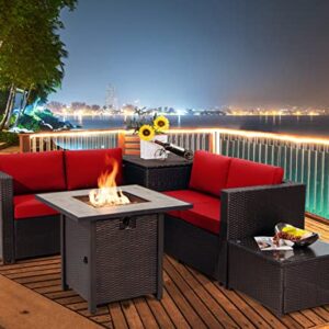 Tangkula 5-Piece Patio Furniture Set with 30 Inches Gas Fire Pit Table, Outdoor Wicker Conversation Sectional Sofa Set with Storage Box and Coffee Table, 50,000 BTU Propane Fire Pit Table (Red)