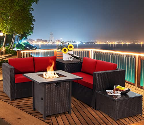Tangkula 5-Piece Patio Furniture Set with 30 Inches Gas Fire Pit Table, Outdoor Wicker Conversation Sectional Sofa Set with Storage Box and Coffee Table, 50,000 BTU Propane Fire Pit Table (Red)