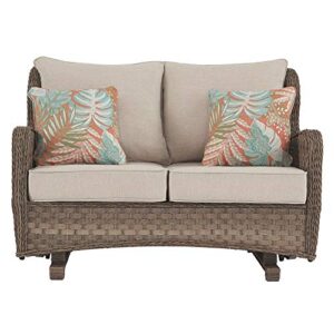 signature design by ashley clear ridge outdoor handwoven wicker cushioned loveseat glider with 2 throw pillows, light brown