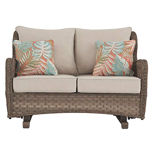 Signature Design by Ashley Clear Ridge Outdoor Handwoven Wicker Cushioned Loveseat Glider with 2 Throw Pillows, Light Brown