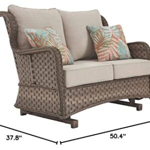 Signature Design by Ashley Clear Ridge Outdoor Handwoven Wicker Cushioned Loveseat Glider with 2 Throw Pillows, Light Brown