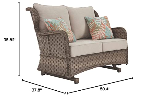 Signature Design by Ashley Clear Ridge Outdoor Handwoven Wicker Cushioned Loveseat Glider with 2 Throw Pillows, Light Brown