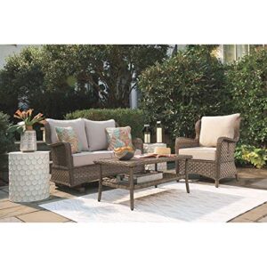 Signature Design by Ashley Clear Ridge Outdoor Handwoven Wicker Cushioned Loveseat Glider with 2 Throw Pillows, Light Brown