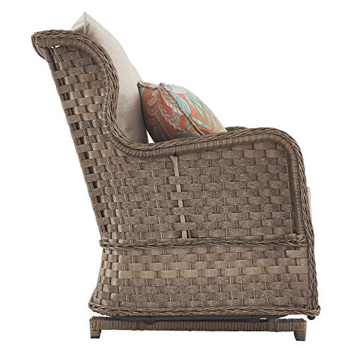 Signature Design by Ashley Clear Ridge Outdoor Handwoven Wicker Cushioned Loveseat Glider with 2 Throw Pillows, Light Brown