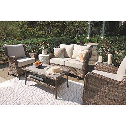 Signature Design by Ashley Clear Ridge Outdoor Handwoven Wicker Cushioned Loveseat Glider with 2 Throw Pillows, Light Brown