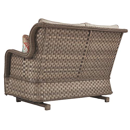 Signature Design by Ashley Clear Ridge Outdoor Handwoven Wicker Cushioned Loveseat Glider with 2 Throw Pillows, Light Brown