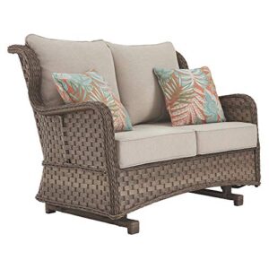 Signature Design by Ashley Clear Ridge Outdoor Handwoven Wicker Cushioned Loveseat Glider with 2 Throw Pillows, Light Brown