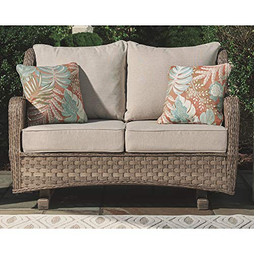 Signature Design by Ashley Clear Ridge Outdoor Handwoven Wicker Cushioned Loveseat Glider with 2 Throw Pillows, Light Brown