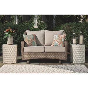 Signature Design by Ashley Clear Ridge Outdoor Handwoven Wicker Cushioned Loveseat Glider with 2 Throw Pillows, Light Brown