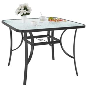 soges 41in outdoor patio bistro coffee tea table, square tempered glass steel frame dining table with umbrella hole,all weather outside desk for garden lawn balcony backyard, black 30lhyw-ot03bk105